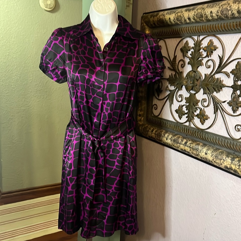 INC. 100%Silk dress- beautiful purple/black animal print/ shirtwaist Sz 4P💙
